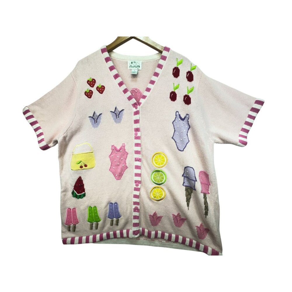 Quacker Factory Womens Knitted Cardigan Sweater Size 1X Pink Embroidered V-Neck